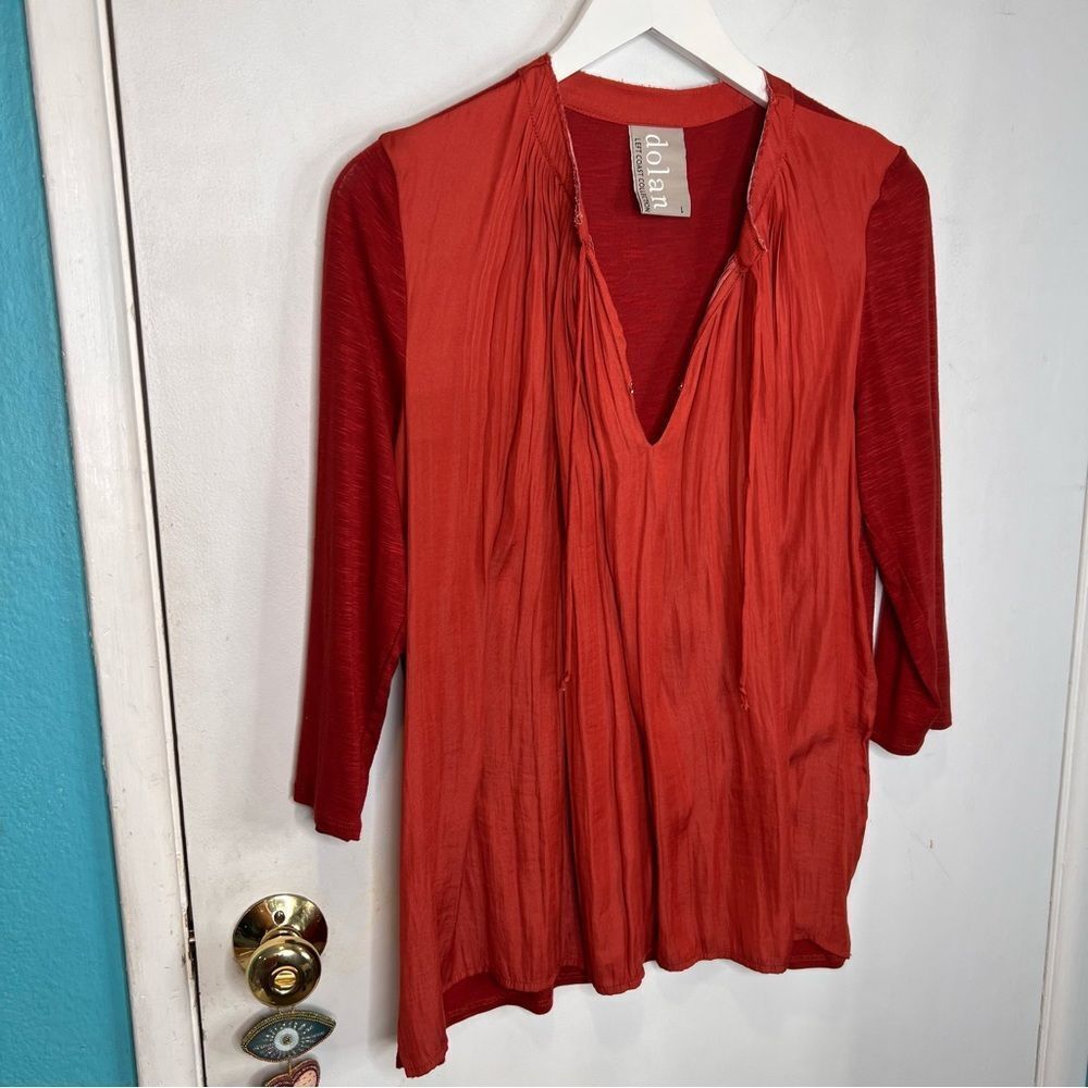 Dolan Rust Orange 3/4 Sleeve Pleated V-Neck Blouse